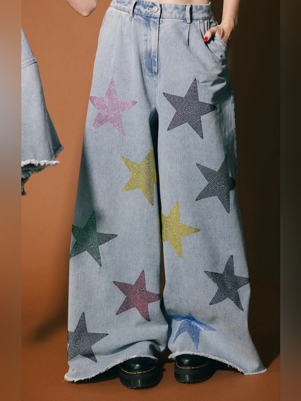 Wide-Leg Star Print Jeans - Light Blue with Multicolor Stars